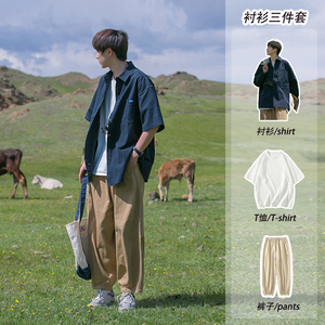 日系cityboy衬衫短袖夏季男装搭配一套帅气套装藏蓝色工装衬衣服