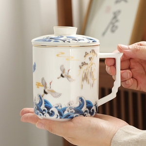 高档礼盒羊脂玉水杯陶瓷办公室茶水分离茶杯带盖白瓷杯子订制logo