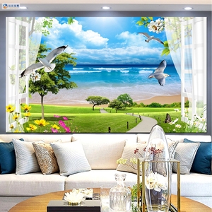 地中海山水风景画印框自粘墙贴画壁纸客厅沙发电视背景墙纸装饰画