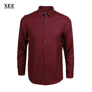 XEE商场同款酒红色黑色细格纹 秋款羊毛混纺保暖长袖休闲男衬衫