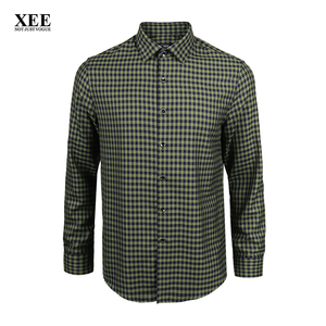 XEE线下同款 绿黑色细格纹羊毛混纺保暖秋冬长袖衬衫休闲中年男装