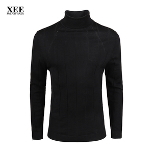XEE商场同款 黑色可翻高领羊毛套头衫 竖条纹修身简约男士毛衣秋