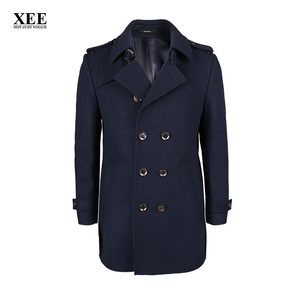 XEE商场同款 冬季男士藏青色肩章中长款高级毛呢大衣羊毛修身上装