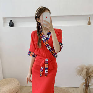 青海红色藏族短袖连衣裙西藏服装藏式藏袍博拉锅庄舞中国风长裙女