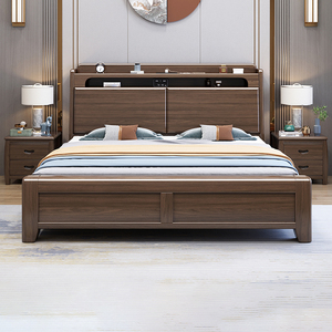 新中式胡桃木全实木床现代简约双人床主卧室储物大床1米8出租房用