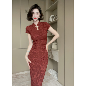 新中式改良旗袍红色连衣裙女夏季2024新款国风高级感气质修身长裙