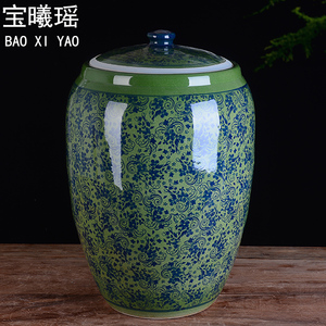 景德镇陶瓷米缸带盖家用50斤装加厚米桶厨房面粉缸老式密封储物罐