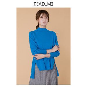 readme读我女士毛衣打底衫宽松蓝色羊毛半高领针织衫80276548