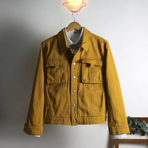 [夹克外套多选]复古工装风微厚短款斜纹牛仔布亮黄色修身机车夹克