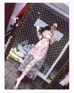 韩版夏季仙女装新款飞飞袖网纱刺绣花朵手工3D显瘦粉色长连衣裙子