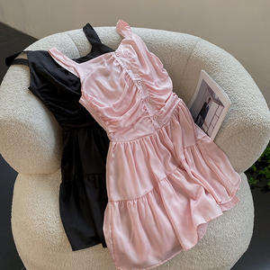夏日韩版吊带抽皱纯色露肩连衣裙减龄气质中裙时尚休闲洋气F$12