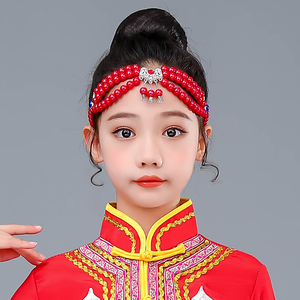 儿童蒙古族舞蹈演出头饰女士手工串珠珠民族舞蹈发饰蒙古服装配饰