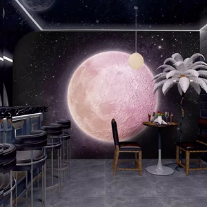 3D立体粉色月球壁纸网红拍照墙纸工业风酒吧小酒馆直播背景墙壁画