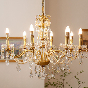 法式珍珠水晶全铜吊灯vintage中古美式欧式别墅客厅餐厅卧室吊灯