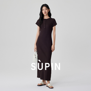 速品SUPIN2024年夏季新款微弹坑条纹短袖圆领纯色休闲连衣裙长裙
