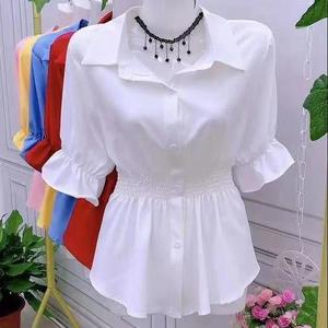 雪纺衬衫女短袖2023夏装新款韩版女装收腰显瘦上衣设计感洋气小衫