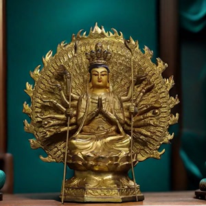 古玩收藏尼泊尔纯铜鎏金彩绘背光千手观音佛像铜像家居佛堂摆件