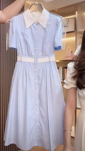 2023夏季新款衬衫连衣裙女泡泡袖撞色蓝白条纹收腰显瘦设计感裙子