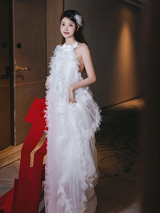 法式宴会礼服白色晨袍新娘网纱挂脖连衣裙仙女高级感露背气质长裙