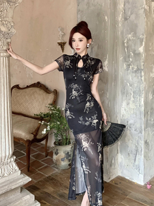 新中式国风改良旗袍网纱黑色碎花连衣裙女装夏季气质性感包臀长裙