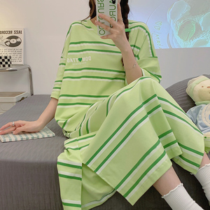 睡裙女夏季纯棉清新韩版宽松大码条纹短袖家居服绿色薄款孕妇睡衣