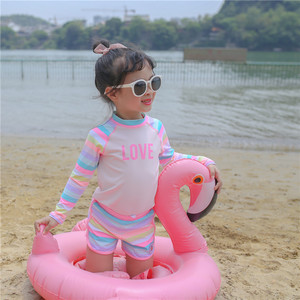 韩国儿童泳衣女童女孩游泳衣裤套装中大童条纹分体长袖防晒冲浪服
