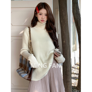 2024女装春秋冬季新款韩版优质加绒大版型高领宽松慵懒风针织毛衣