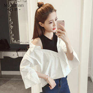 衬衫女装2019夏季新款韩版拼接不规则半袖假两件…颜色分类白