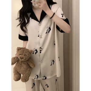 ins韩国可爱熊猫睡衣夏季女款冰丝绸衬衫短袖长裤学生家居服套装