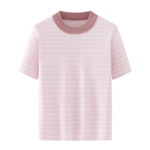艾格粉红色冰丝条纹针织短袖女夏季薄款韩版宽松小个子糖果色上衣