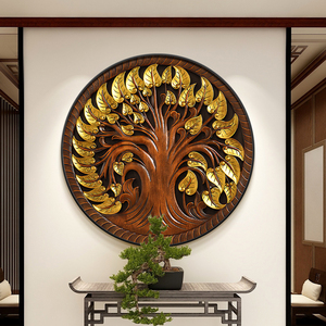 东南亚菩提树玄关装饰画泰式入户圆形挂画金色发财树走廊过道壁画