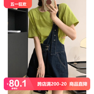 尔给设计感牛仔背带短裤高腰女夏2023新款女奶系奶fufu背带裤薄款