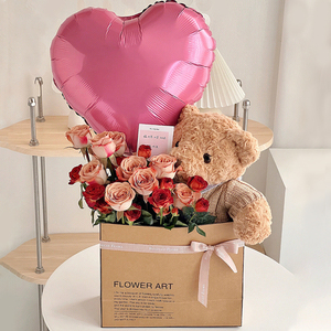 全国创意小熊花束礼盒抱抱桶卡布奇诺玫瑰鲜花速递同城配送店生日