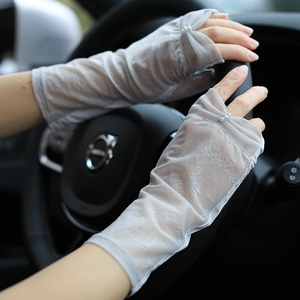 弹力超薄款夏季女开车驾驶员露指防晒手套漏指头半指蕾丝手袜黑色