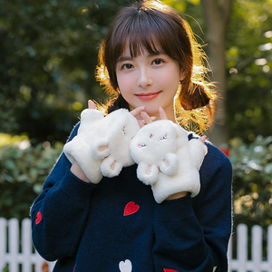 秋冬天保暖少女可爱卡通兔子韩版两用半指学生翻盖手套加厚毛绒绒