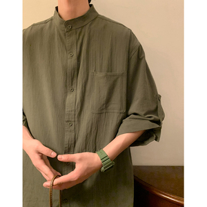 新中式无领棉麻衬衫男短袖夏季日系复古大码休闲7七分袖亚麻衬衣