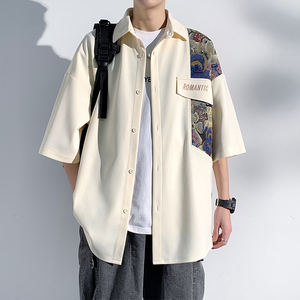 新中式小熊刺绣短袖衬衫男款夏季宽松国风衬衣潮牌青少年休闲外套