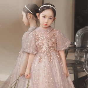 女童钢琴礼服裙儿童表演服蓬蓬连衣裙泡泡袖有领子公主裙花童裙仙