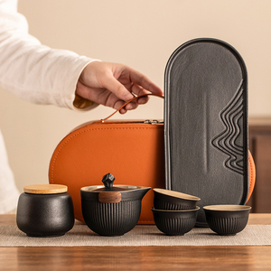 国潮文创黑陶奇石旅行便携茶具套装户外随行泡茶壶一壶两杯带茶盘