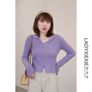 LADYXIEXIE 法式纯欲风别致设计感小众小款上衣春秋紫色v领针织衫