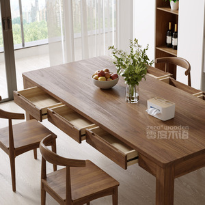 北欧家用客厅多功能带抽屉餐书桌一体工作台长方形实木餐桌椅组合
