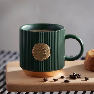 星巴克限定杯子经典墨绿色条纹款女神铭铜牌咖啡桌面陶瓷马克水杯