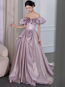 紫色晚礼服女高级感敬酒服新娘小众年持成人礼艺考缎面伴娘礼服裙