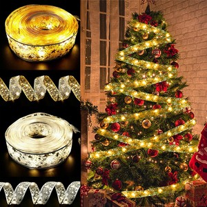 圣诞树小夜灯LED烫金双层丝带灯串圣诞装饰品发光场景布置用品