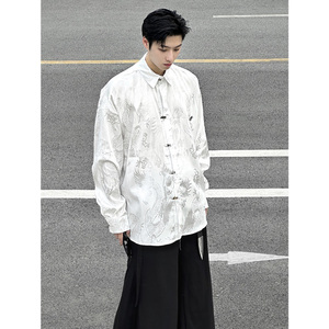 新中式男装中国风龙纹提花衬衫外套式改良版唐装男款盘扣休闲衬衣