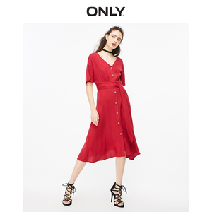 ONLY夏季新款桔梗裙子红色复古收腰雪纺连衣裙女|11920