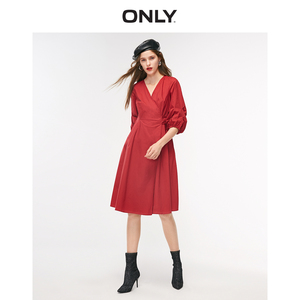 【99划算价】ONLY夏季新款红色系带收腰裙子V领气质连衣裙