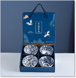 日韩式青花瓷4碗创意陶瓷碗筷套装餐具礼盒公司活动礼品定制logo