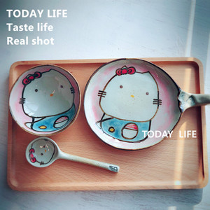 包邮 陶瓷儿童粉红KT猫创意餐具碗盘套装可爱卡通碗手柄餐盘礼物