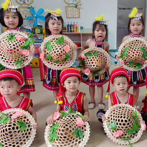 儿童舞台演出傣族舞蹈竹编彩色花朵斗笠帽成人广场舞表演道具草帽